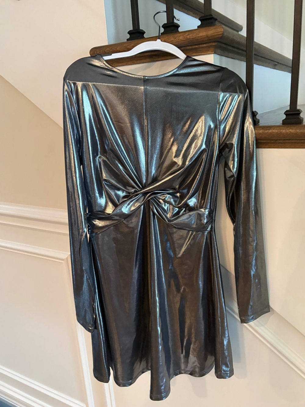 Zara Kids Metallic Silver Twist-Front Long Sleeve Dress